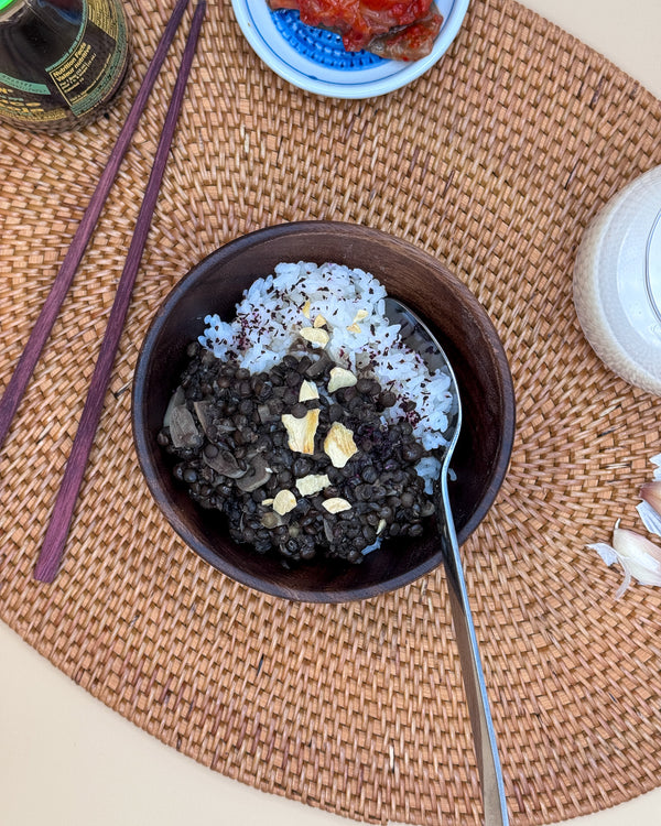Garlic Miso Braised Black Lentils